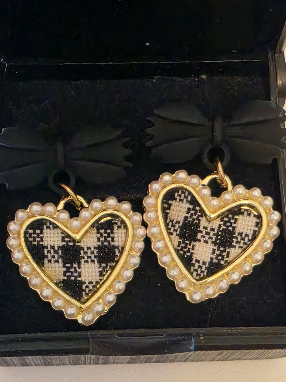 Heart Drop Earrings with Pearled Border - Black & Cream